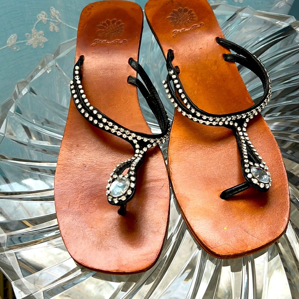 Leather and Rhinestone Thong Wedge Sandals